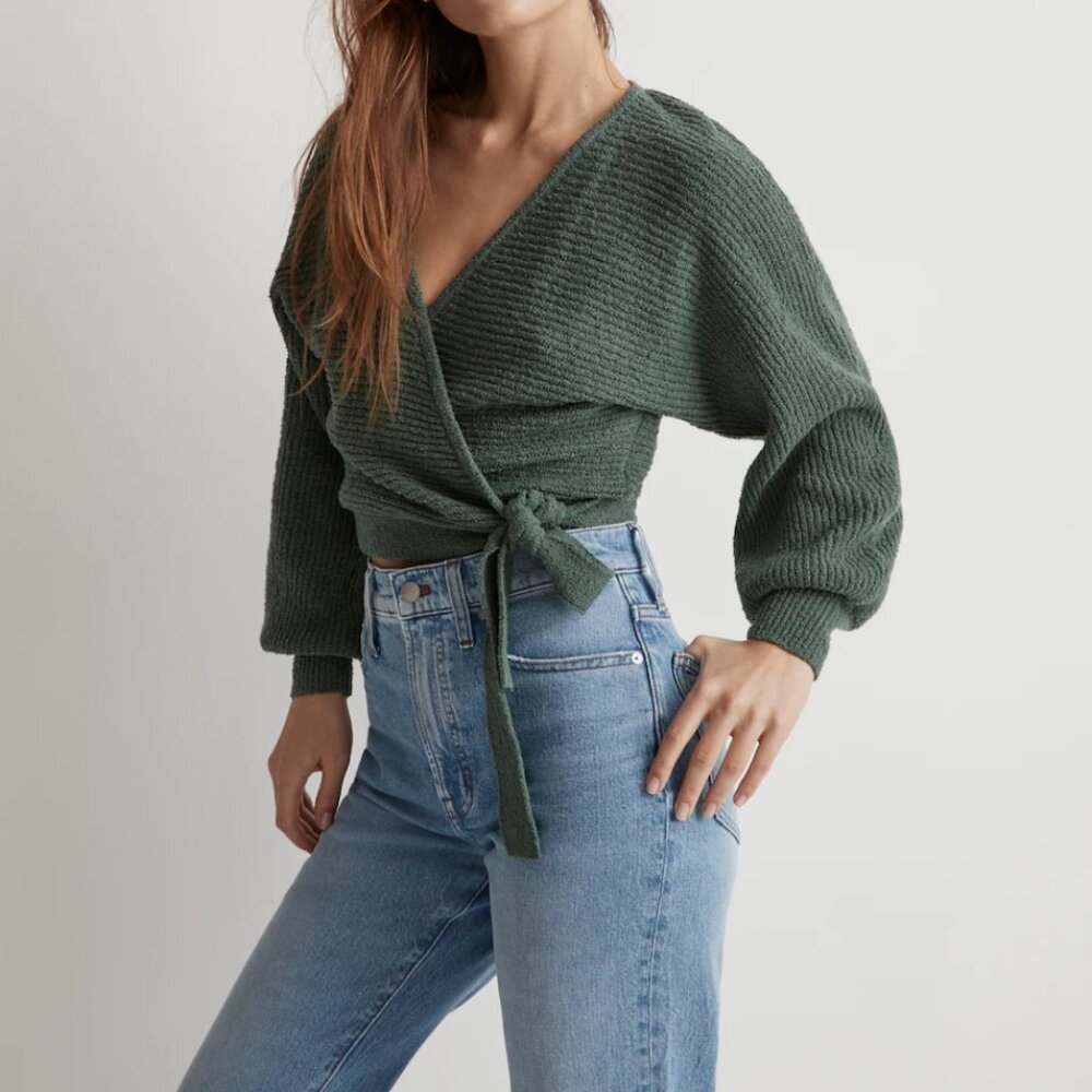 Madewell Pasha Wrap V-Neck Sweater in Simply Sage, Small